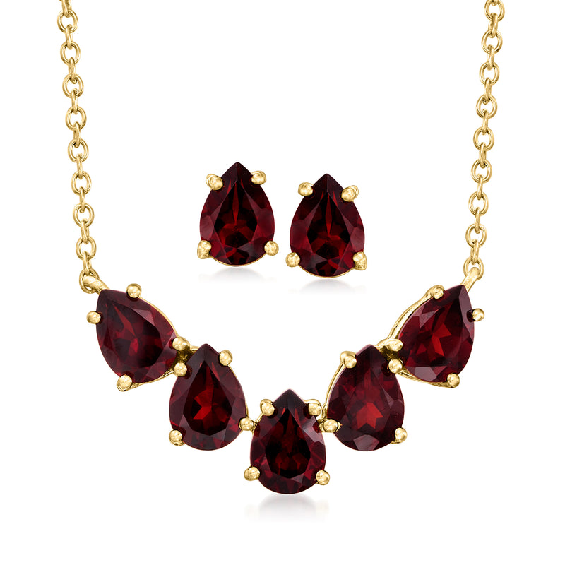 Garnet earrings and five-stone necklace set in gold-tone with red teardrop stones
