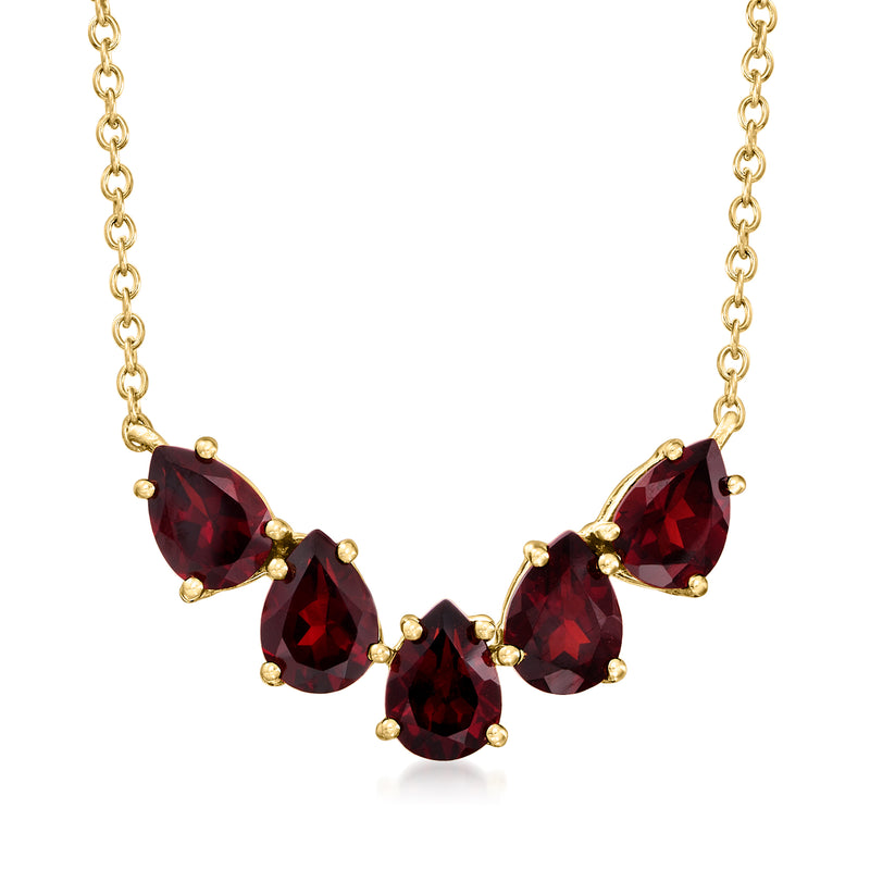 Five-stone garnet necklace with gold-tone links and red teardrop stones