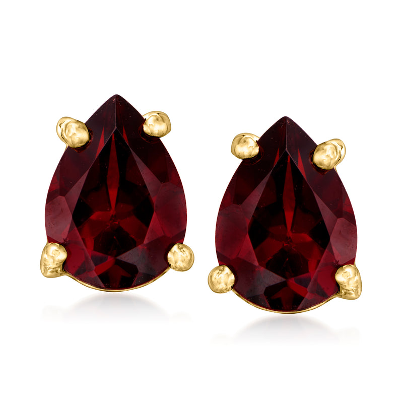 Pair of gold-tone teardrop garnet stud earrings with round bezel settings