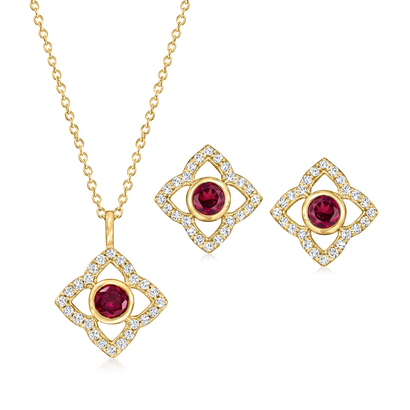 18kt gold over sterling jewelry set with rhodolite garnet and white zircon halo pendant & studs