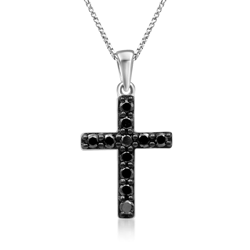 Sterling silver cross pendant with black diamond accents, on a chain