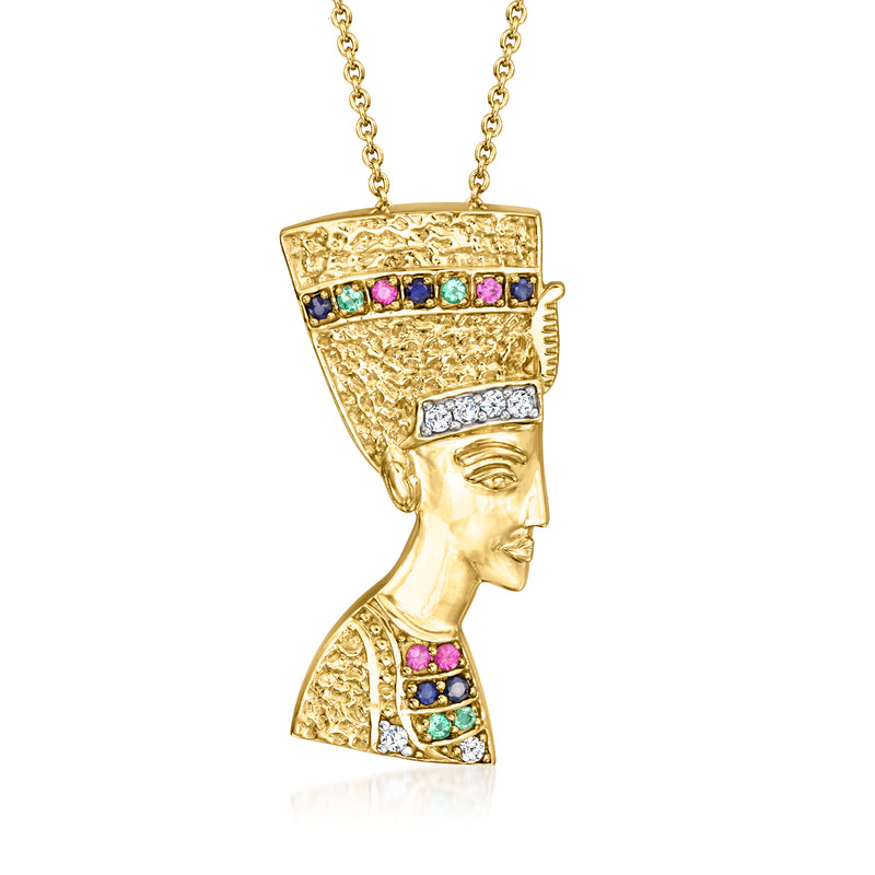 Gold-tone Nefertiti pendant with multicolor gemstones and crystal accents, face profile