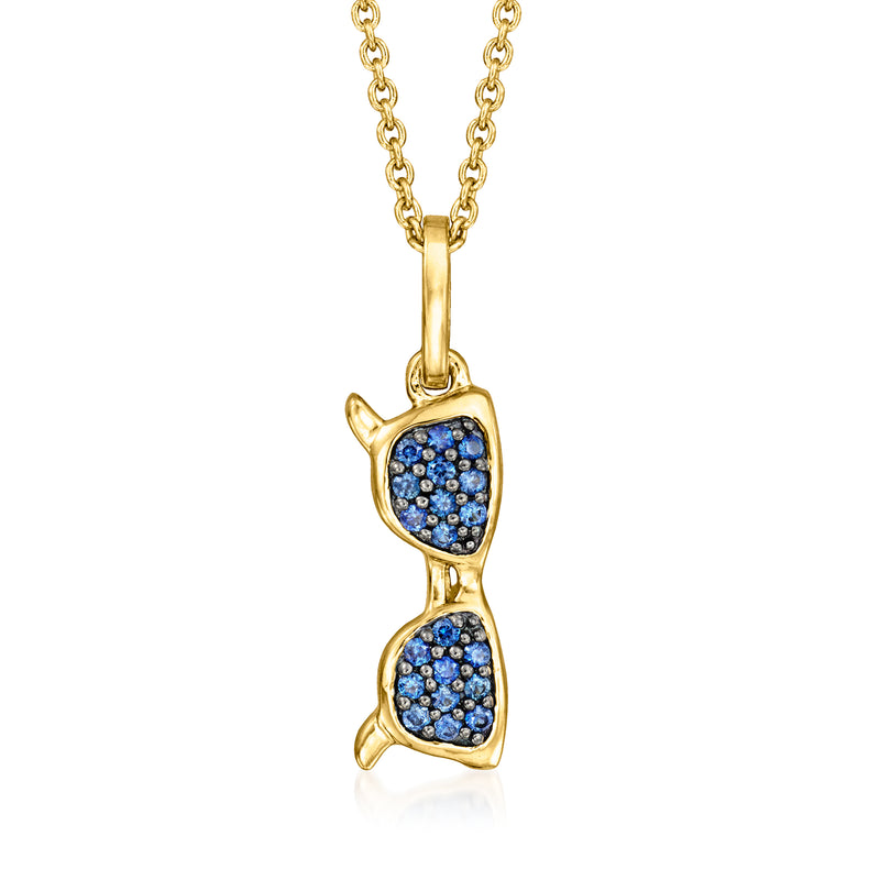 Gold sunglasses pendant necklace with blue gemstone pave front detail