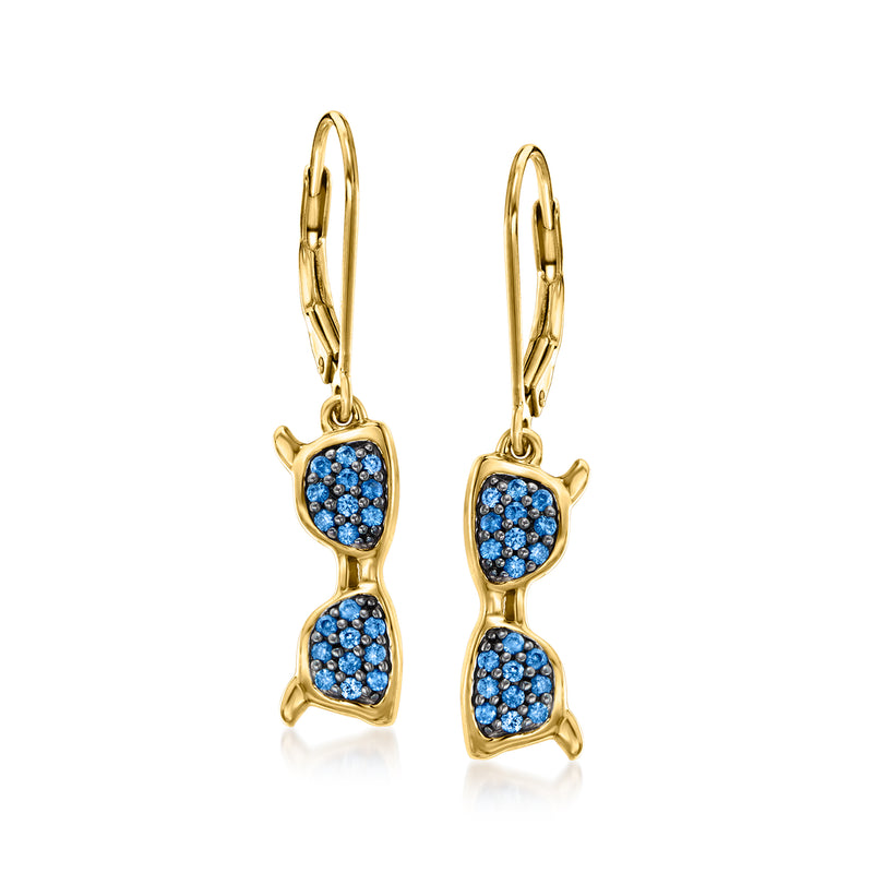 Gold leverback sapphire drop earrings with blue cluster stones