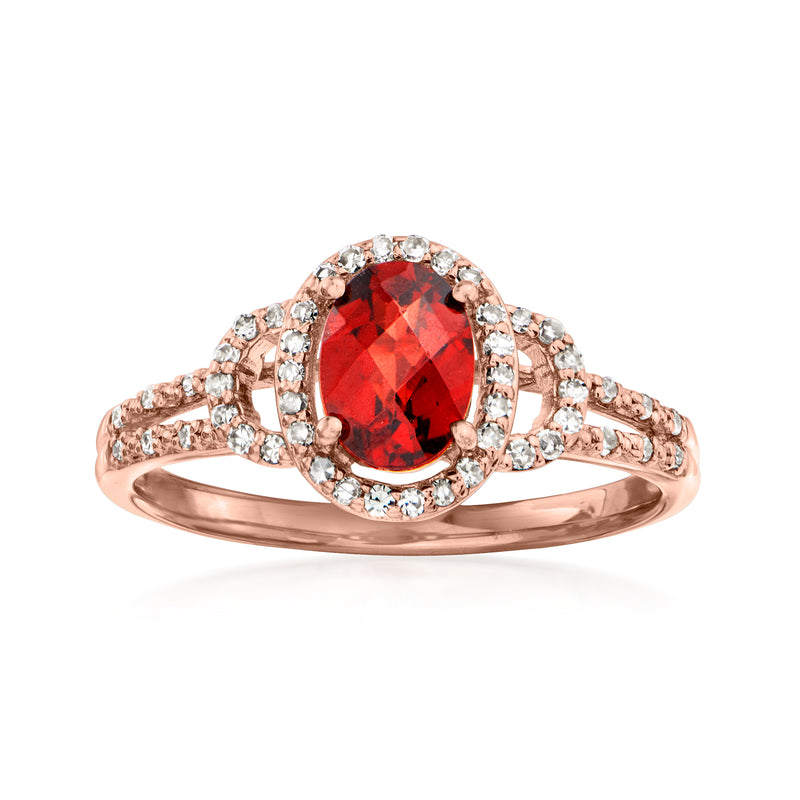 Rose gold vintage garnet ring with diamond halo and split shank