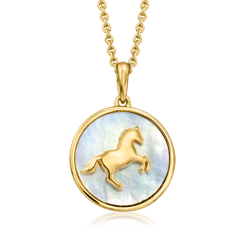 Gold over sterling horse medal pendant necklace with round mother-of-pearl disc