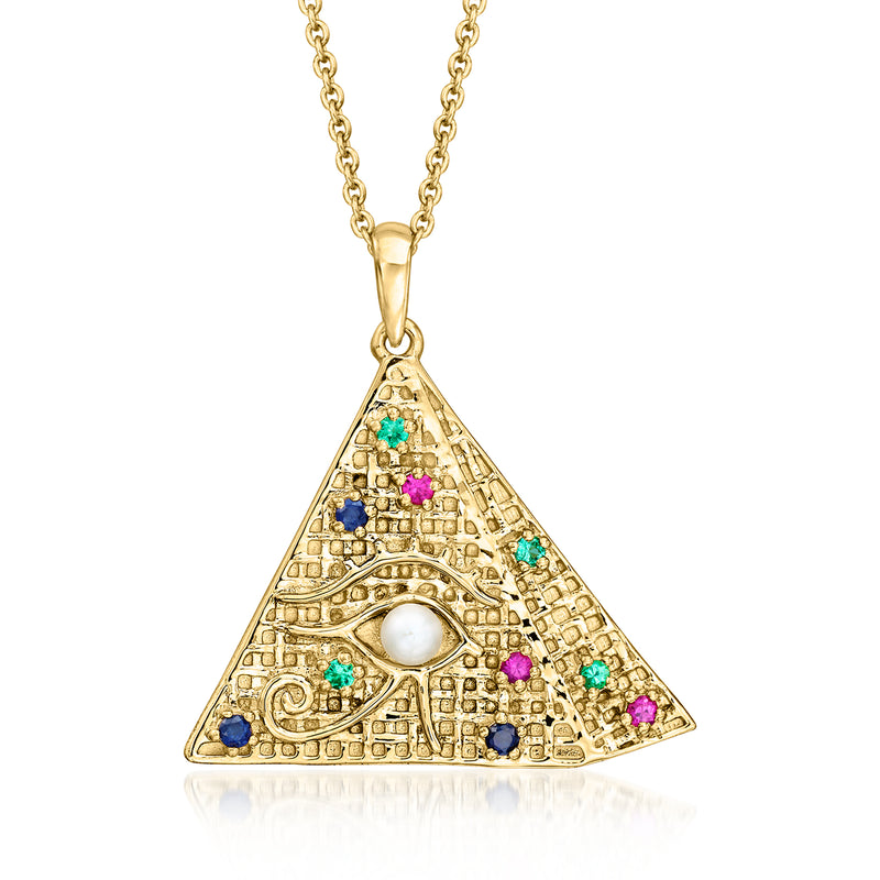 Gold-tone evil eye pyramid pendant necklace with white pearl centerpiece and colorful gemstones