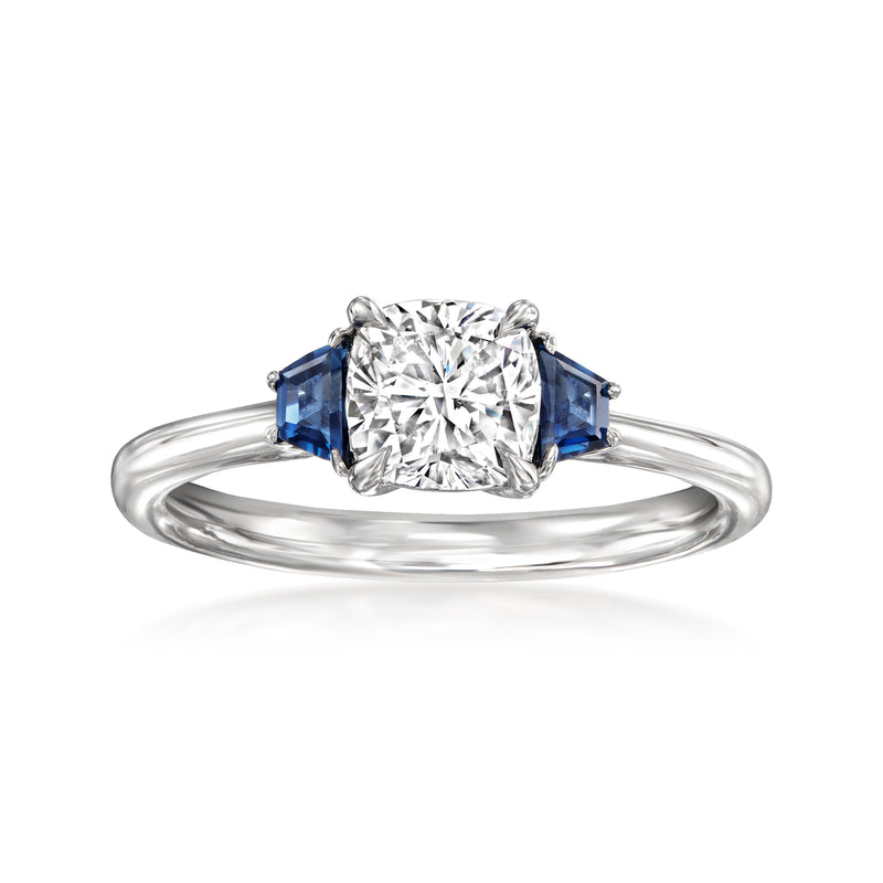 14kt white gold ring with square lab-grown diamond and blue sapphire side stones