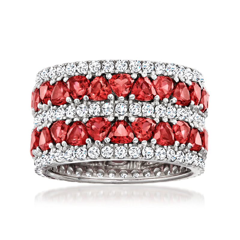Sterling silver eternity band with red simulated ruby stones and clear CZ accents