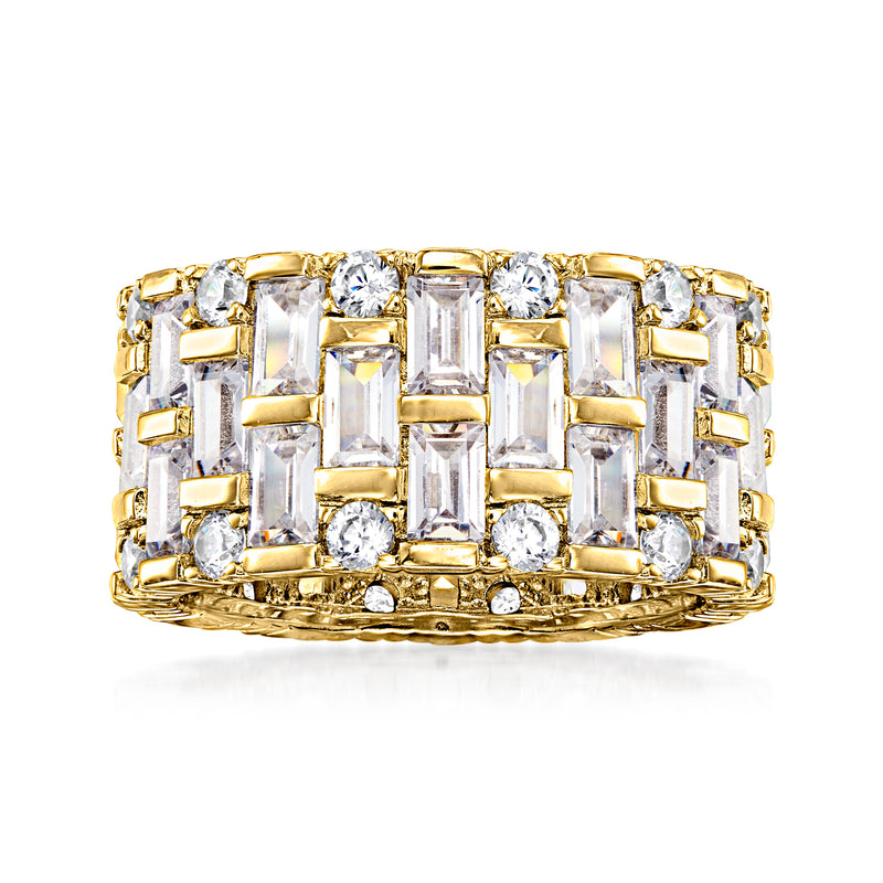 Gold over sterling eternity band with baguette and round CZ stones in a geometric bezel