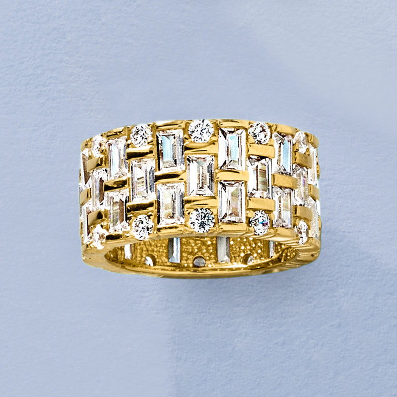 Gold over sterling eternity band with baguette CZ stones and round CZ in repeating grid