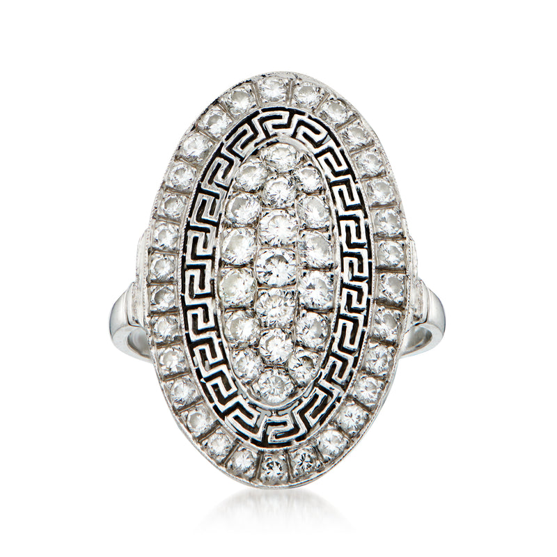 Platinum diamond oval Greek key ring with central oval cluster and round diamonds