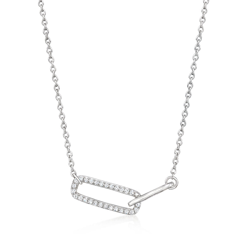 Sterling silver diamond paper clip link necklace with pave rectangular bar detail