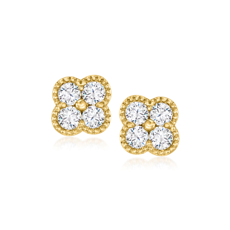 14kt yellow gold clover-shaped diamond stud earrings with four round stones