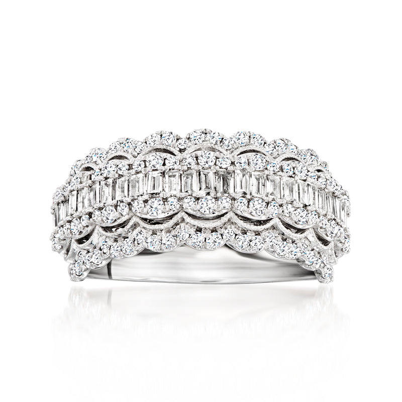 14kt white gold diamond ring with round and baguette stones, curved band, prong set