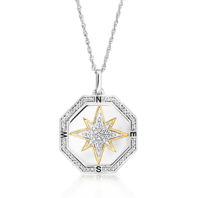 Sterling silver and 18kt gold compass pendant necklace with diamond star detail