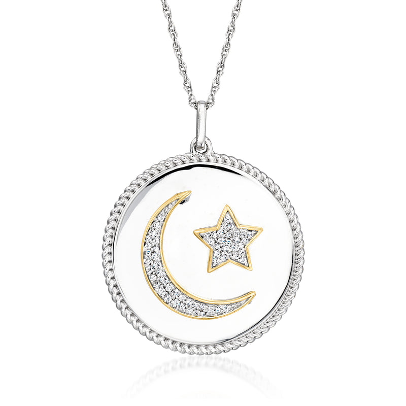 Sterling silver moon and star pendant necklace with diamond-style accents, gold-tone star details