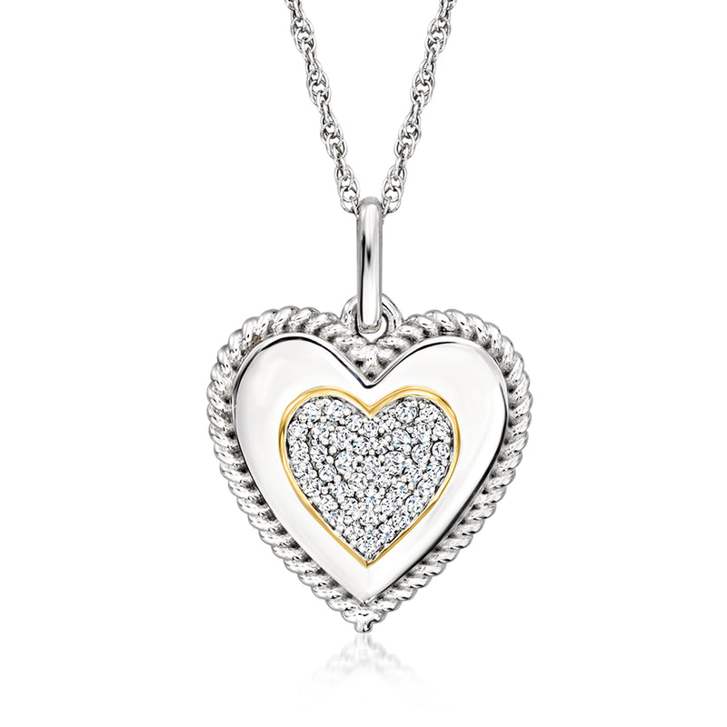 Two-tone heart diamond pendant necklace with sterling chain and gold accents