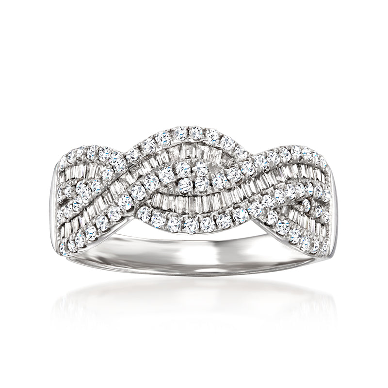 14kt white gold crisscross diamond ring with round and baguette stones