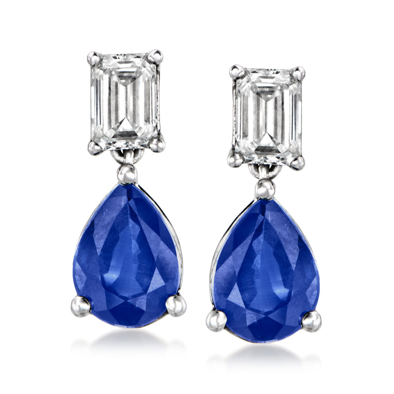 Blue sapphire teardrop drop earrings with white-gold diamond stud tops