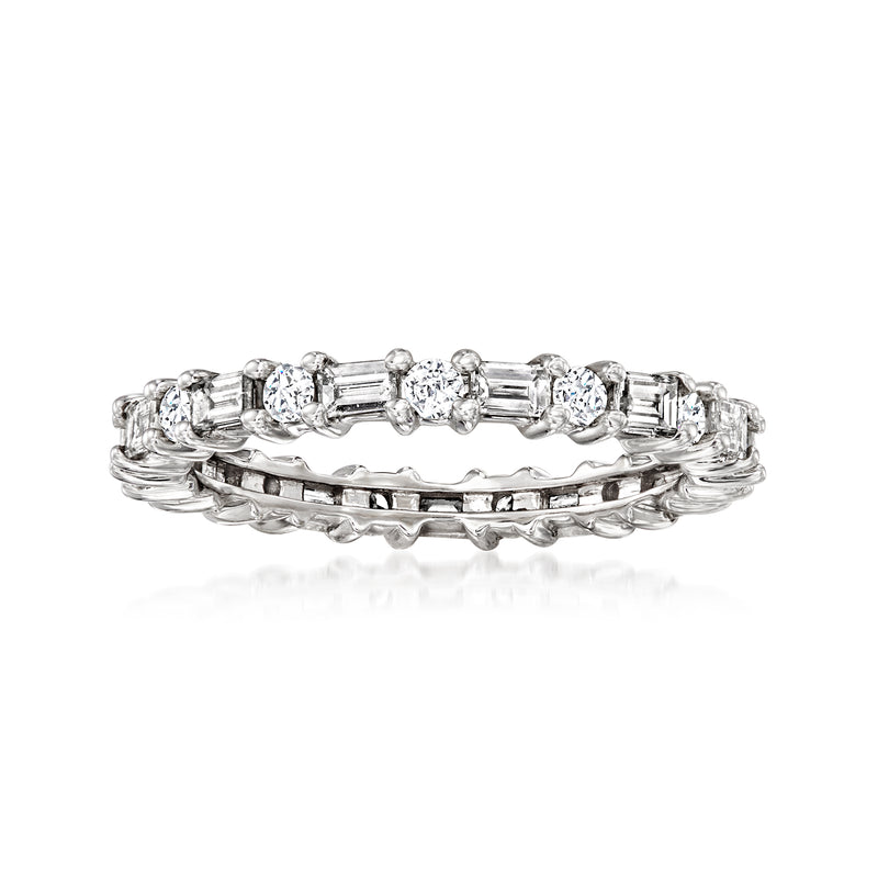 14kt white gold diamond eternity band with round and baguette stones