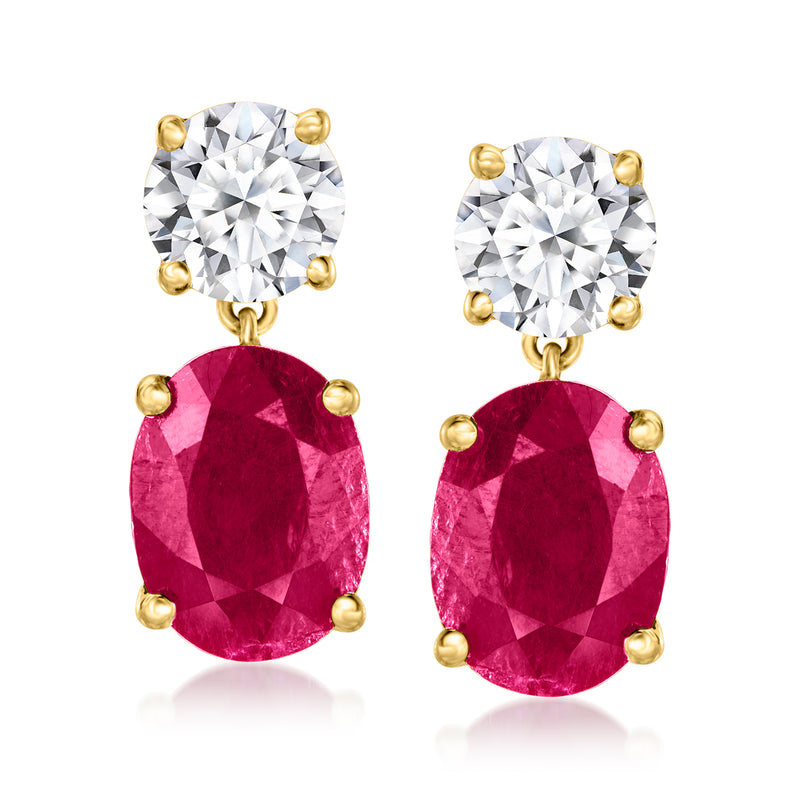 14kt yellow gold drop earrings with round diamond stud tops and oval ruby drops