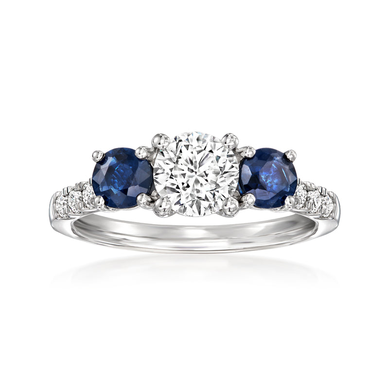 14kt white gold diamond ring with round center lab-grown stone, blue sapphire side stones