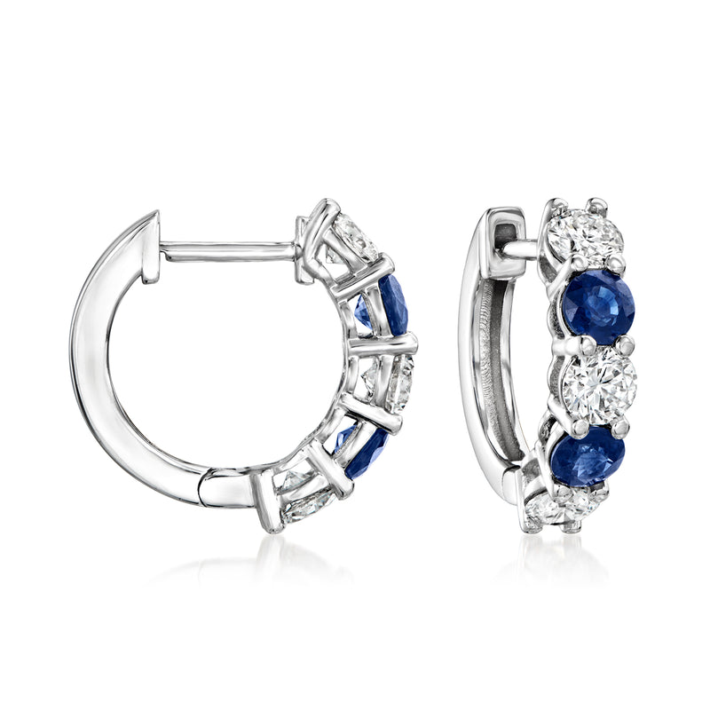14kt white gold hoop earrings with blue sapphire and white diamond accents