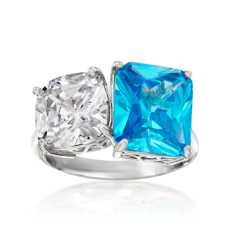 Sterling silver toi et moi ring with square blue and white CZ stones, split setting