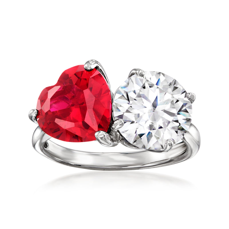 Heart-shaped toi et moi ring in sterling silver with red and clear CZ stones