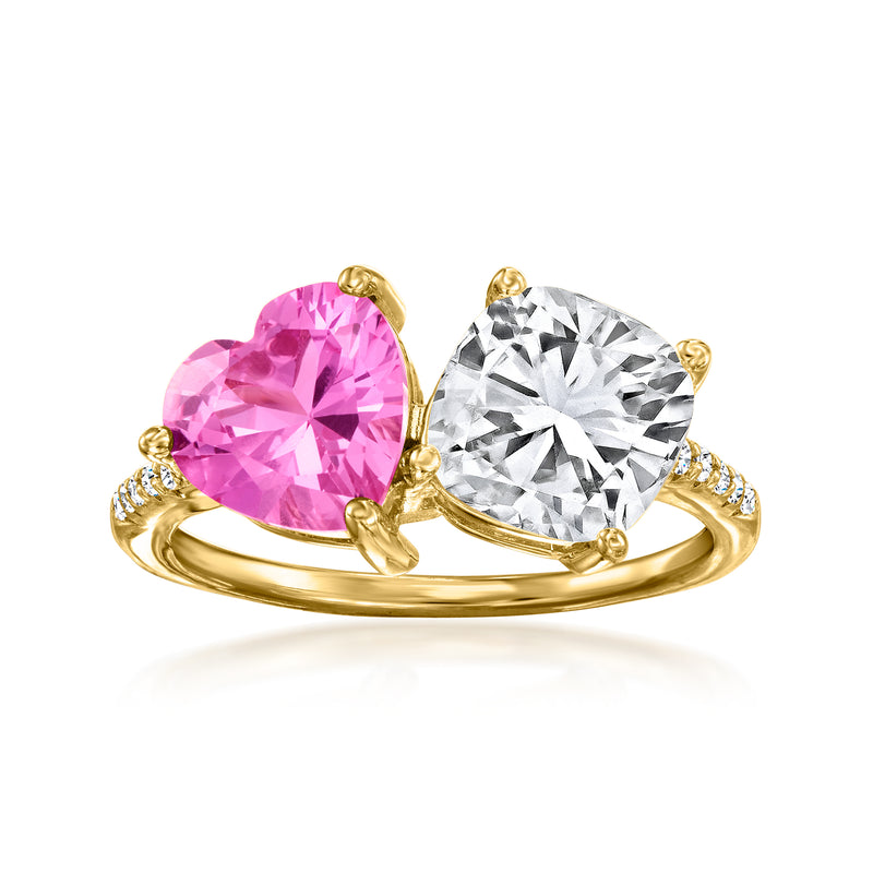 Gold-tone Toi et Moi ring with pink oval and clear round stones
