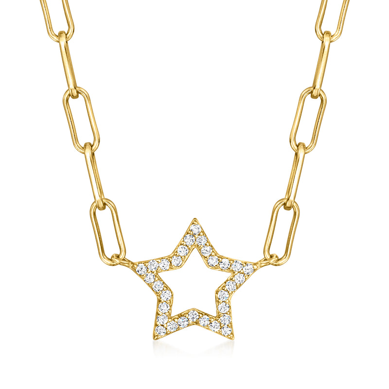 18kt gold over sterling paper clip link necklace with star CZ pendant, prong-set