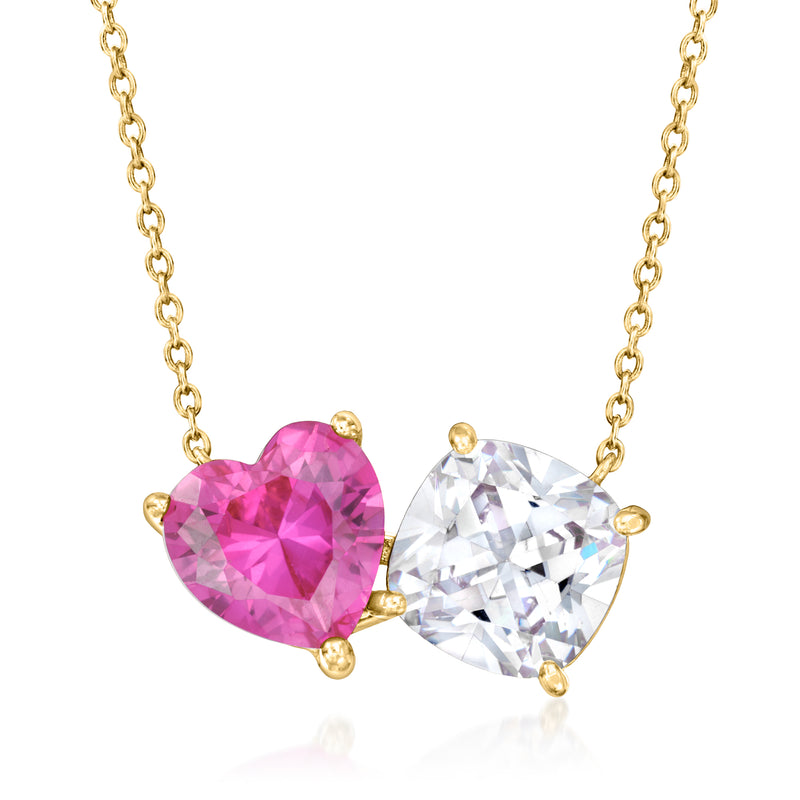 Gold toi et moi necklace with heart-cut pink and clear stones on chain