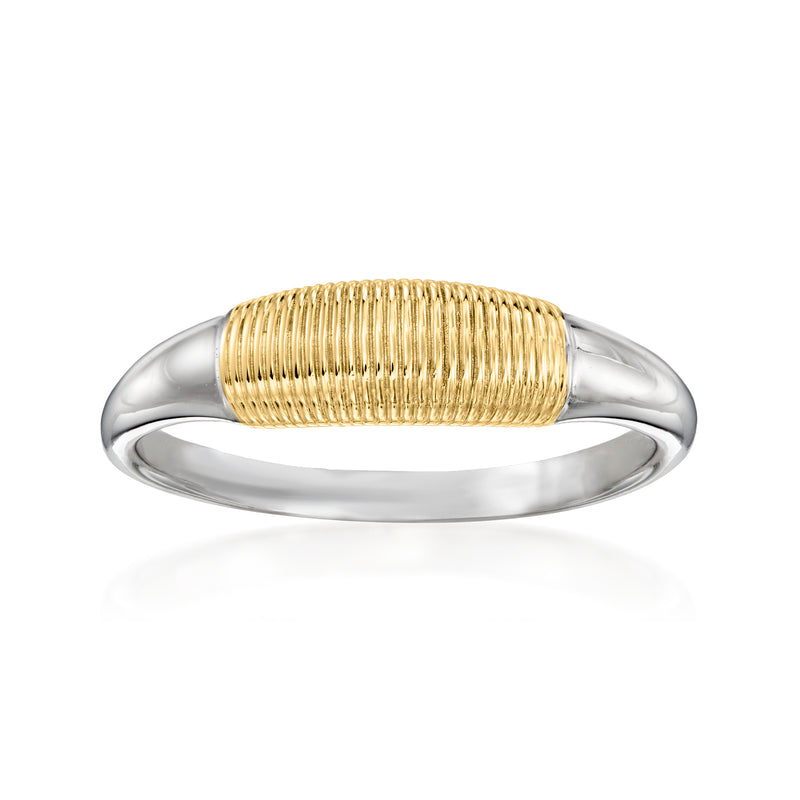 Ribbed yellow gold inset ring with sterling silver band