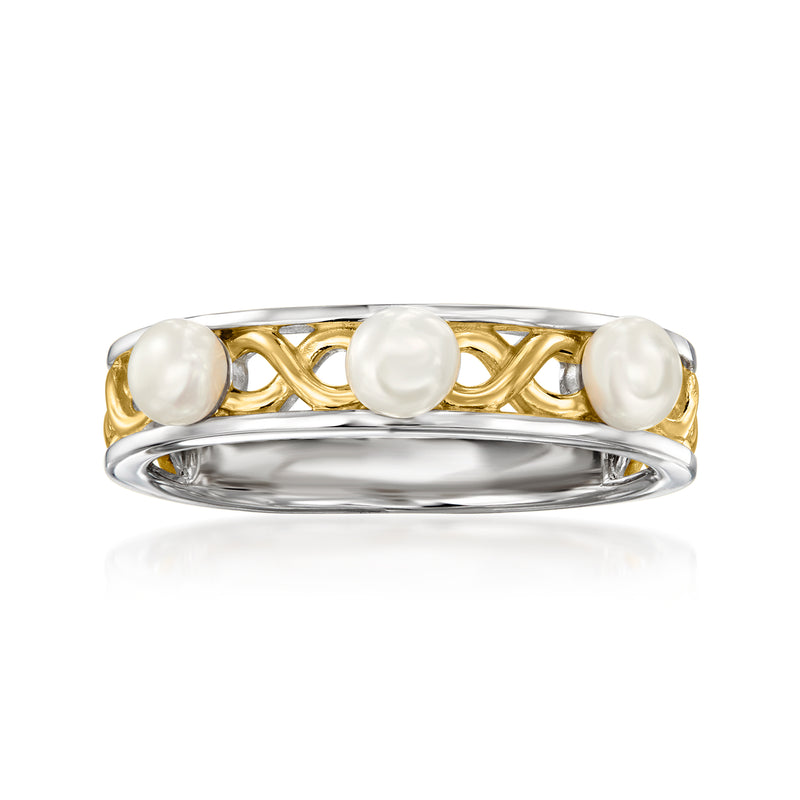 Cultured pearl ring with three white pearls on gold-tone and sterling silver band