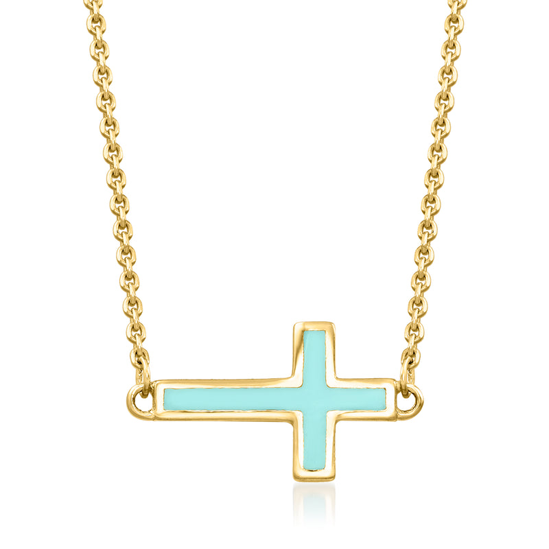Turquoise enamel sideways cross necklace in 14kt yellow gold on a fine chain