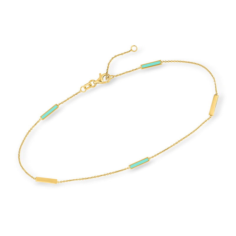 14kt yellow gold anklet with turquoise enamel bar stations and spring clasp