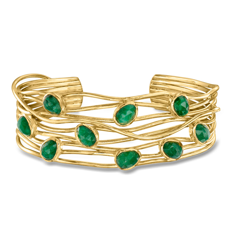 Gold over sterling emerald-green cuff bracelet with row of oval gemstones