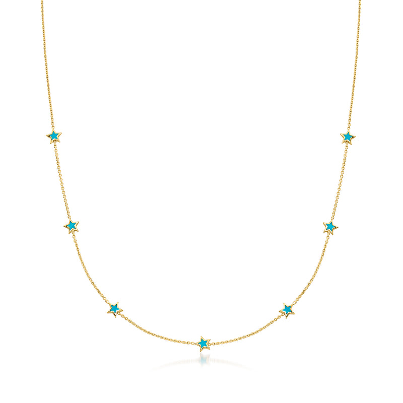 14kt yellow gold star station necklace with teal enamel stars