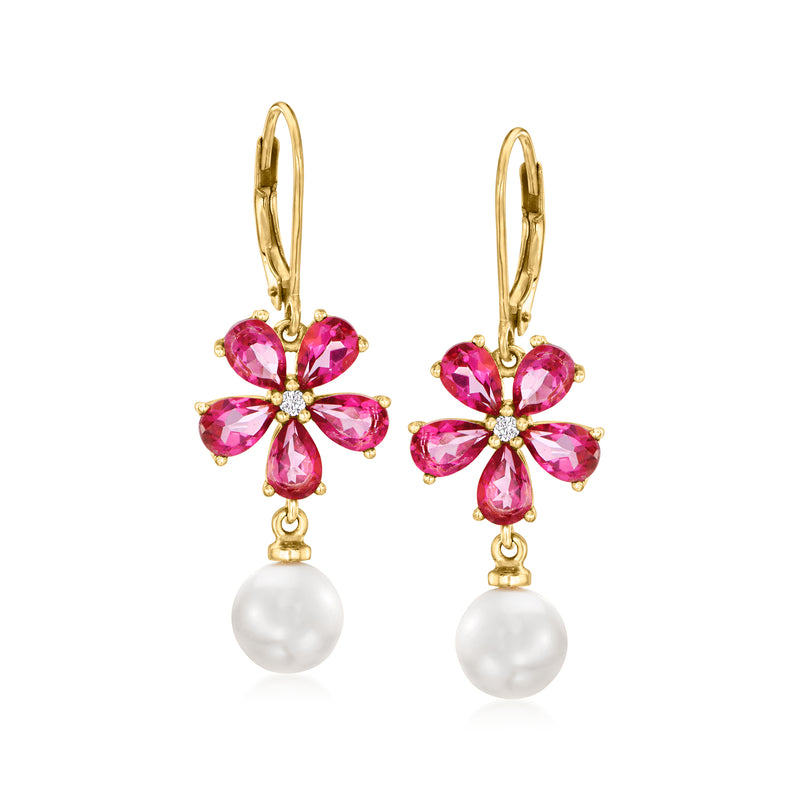 Gold leverback drop earrings: pink topaz flower with white pearl bead dangle