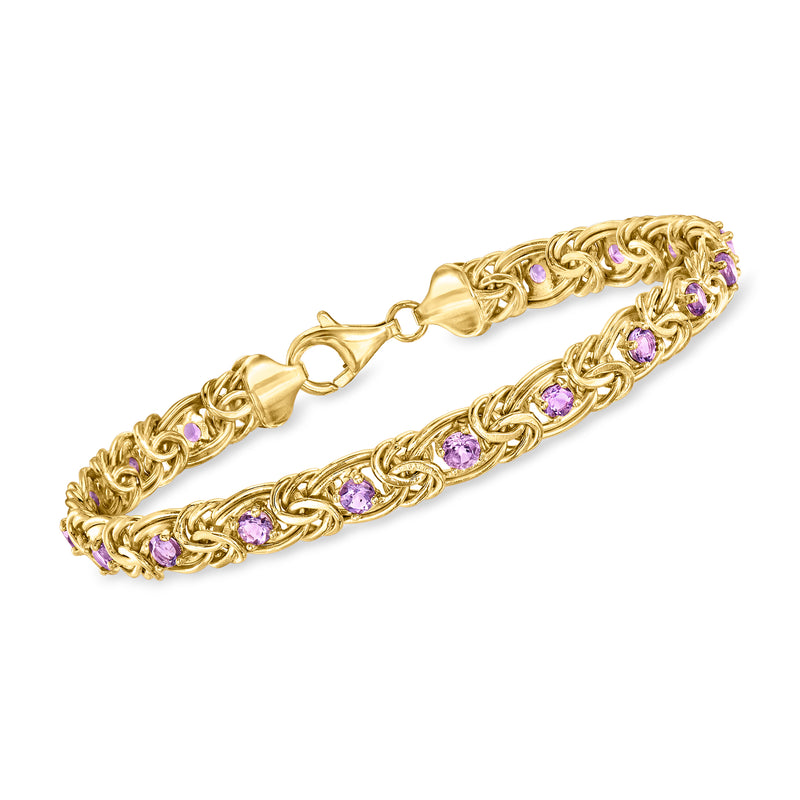 Gold over sterling Byzantine link bracelet with purple amethyst stone stations