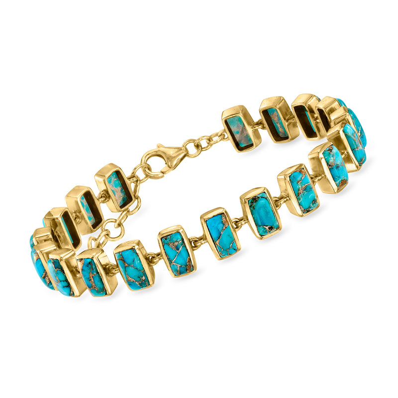 Turquoise gemstone bracelet with gold over sterling rectangular link settings