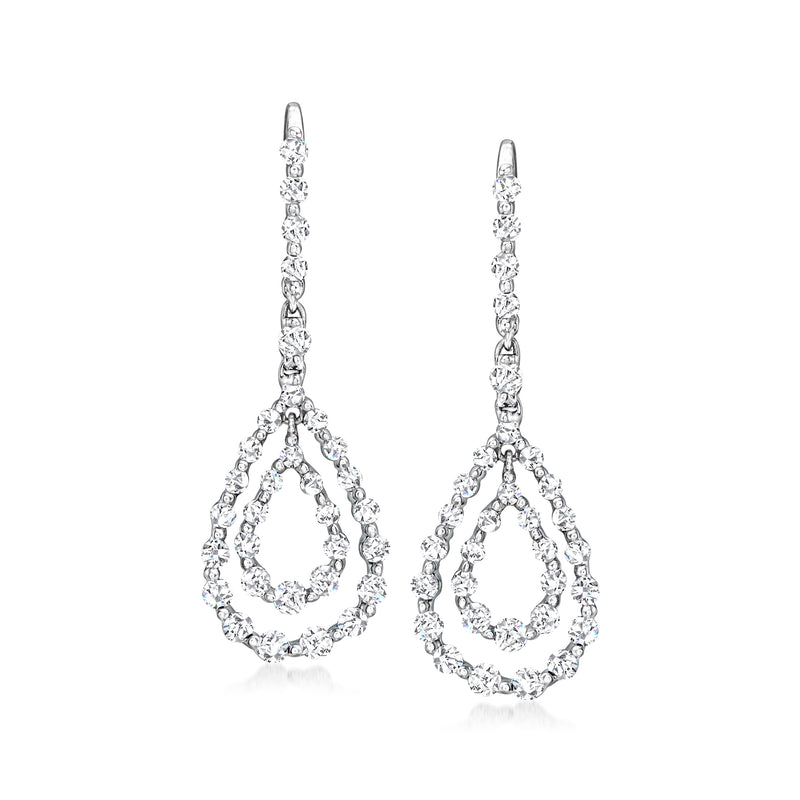 Teardrop diamond drop earrings in 14kt white gold, dangling pear-shaped halos