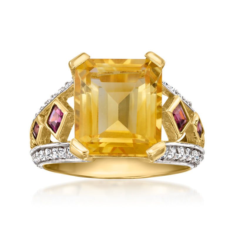 Gold over sterling ring with square yellow citrine, purple gemstones, white zircon accents