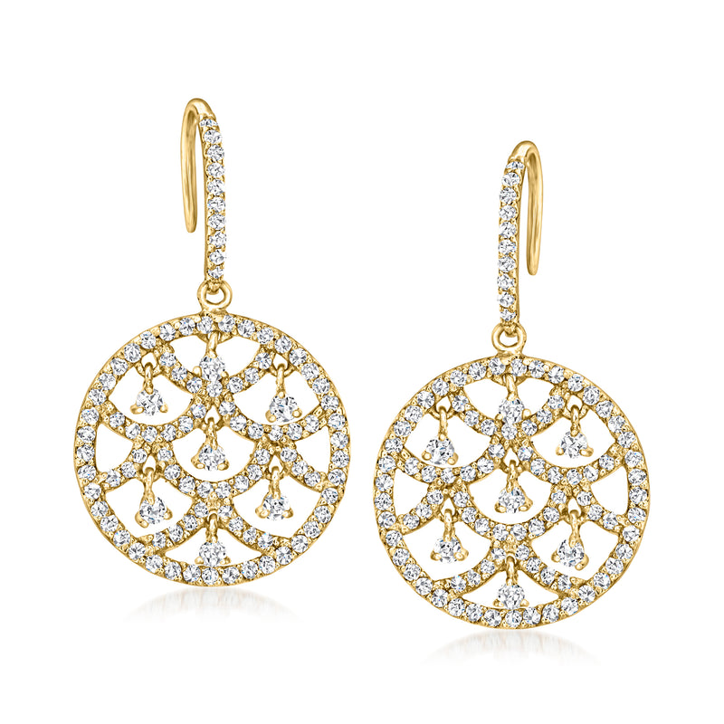 14kt yellow gold diamond openwork dangle drop earrings, round floral pattern