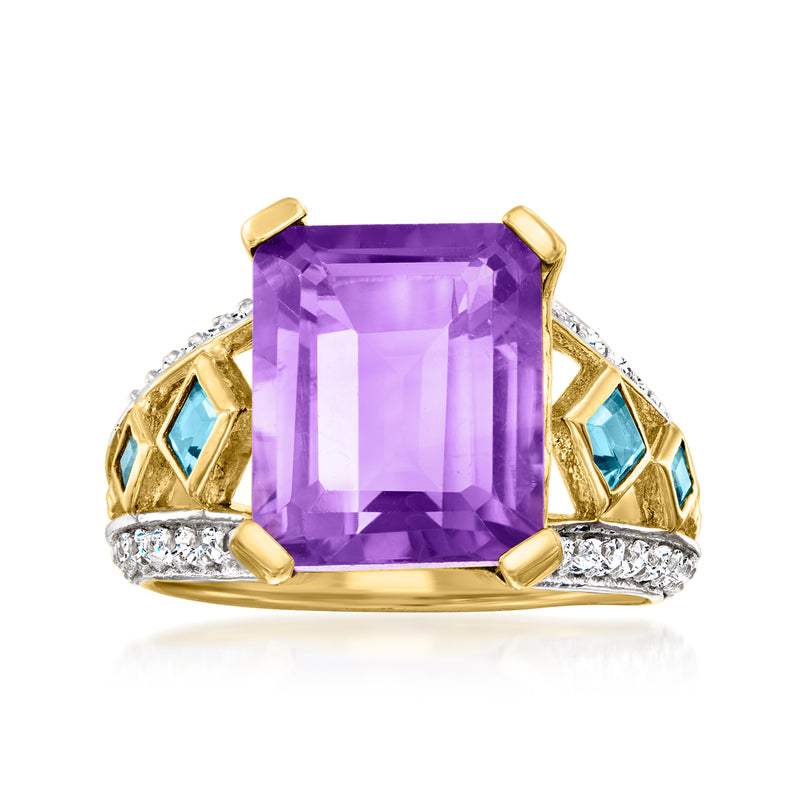 Amethyst ring with white zircon and London blue topaz in gold over sterling