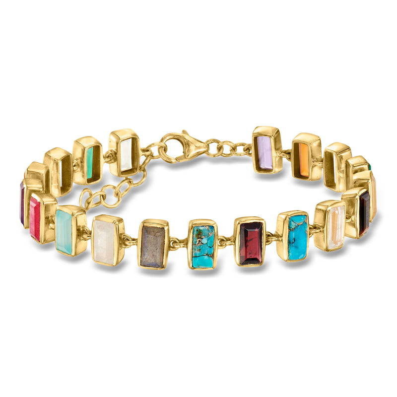 Gold over sterling multi-gem bracelet with square colored stones and chain clasp