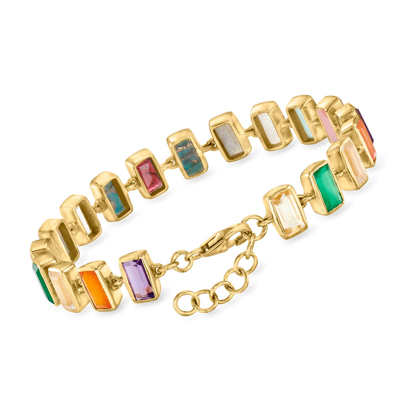 Gold over sterling multi-gem bracelet with square mixed-color stones and chain detail