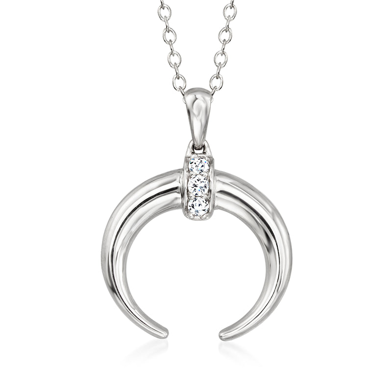 Sterling silver crescent pendant necklace with rectangular diamond accent and link chain