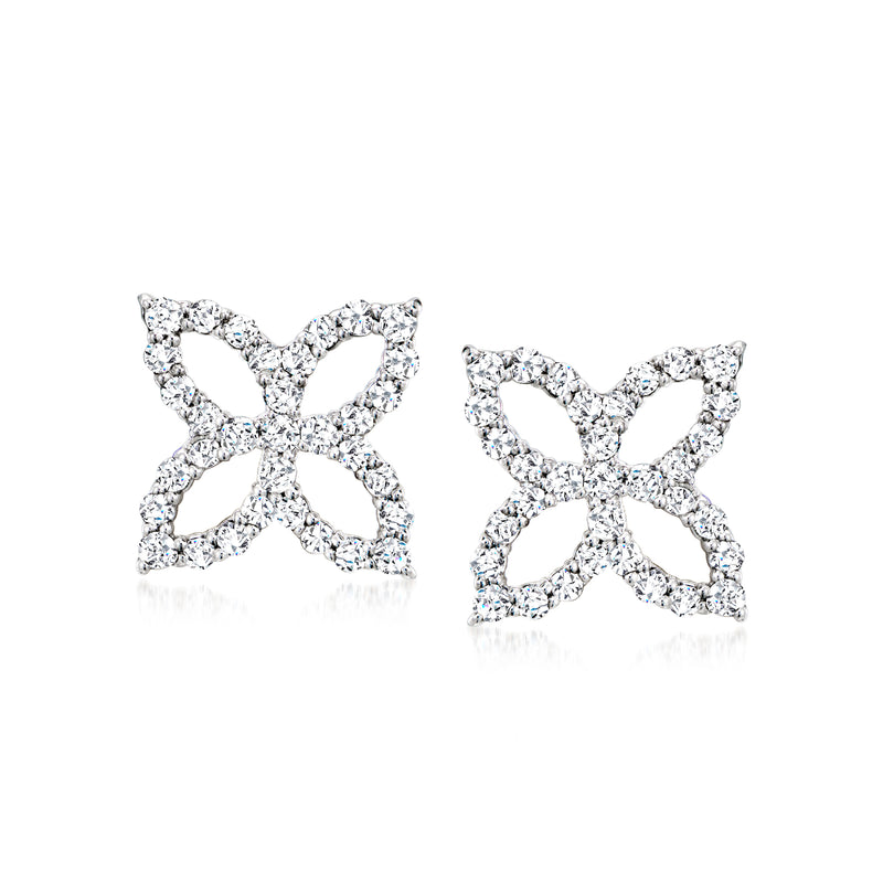 Sterling silver open-flower stud earrings with diamond-like stones, square pattern
